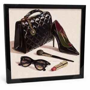 CHANEL Black Gold Fashion Art Framed Print Handbag Heels Home Decor NWT